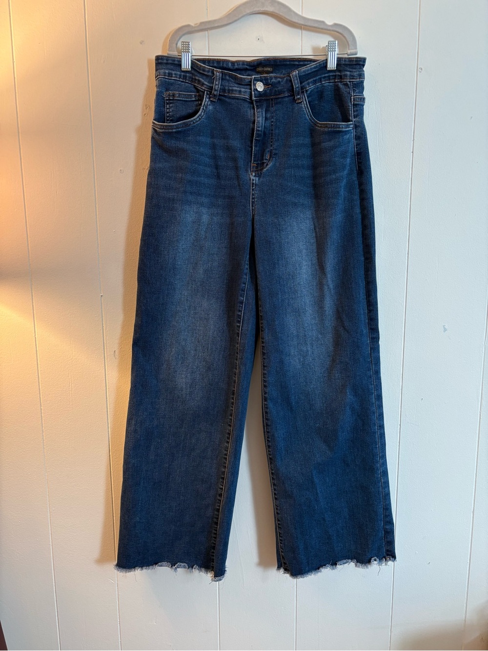 Coco + Carmen Dark Indigo Wide-Leg Raw Hem Jeans